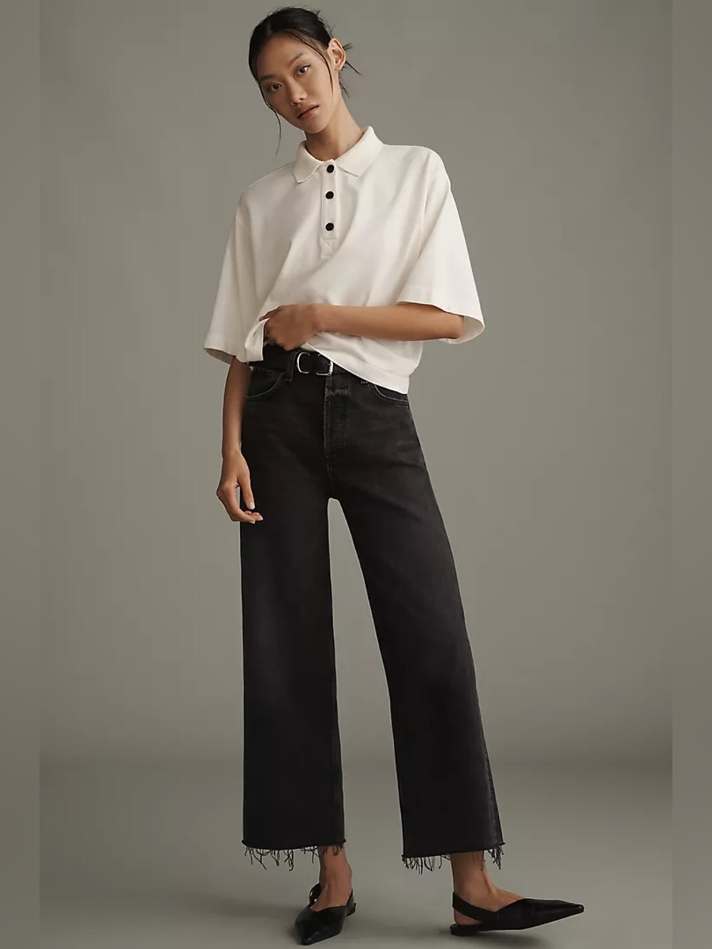 No Boundaries Mid-Rise Wide Leg Denim Jeans Washed Charcoal Black Raw Hem Crop